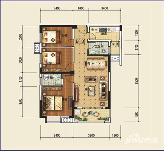 西湖阳光壹号3室2厅2卫99.8㎡户型图